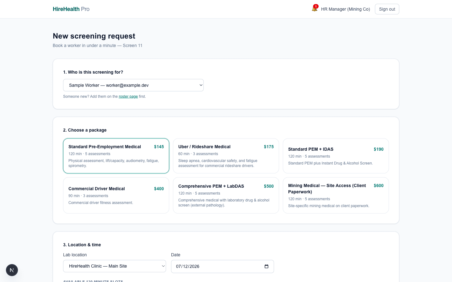 Employer booking screen showing available slots across labs