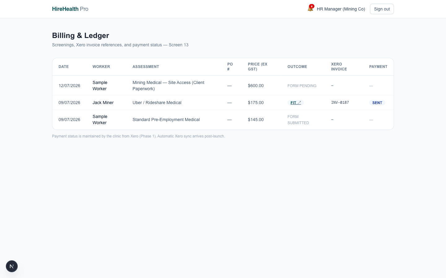 Employer billing ledger with invoice statuses