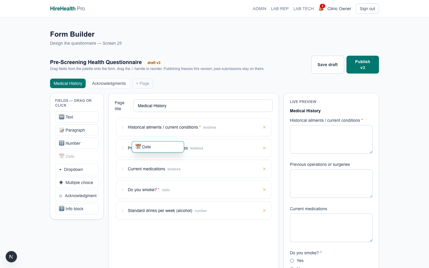 Form builder with a question block mid-drag from the palette