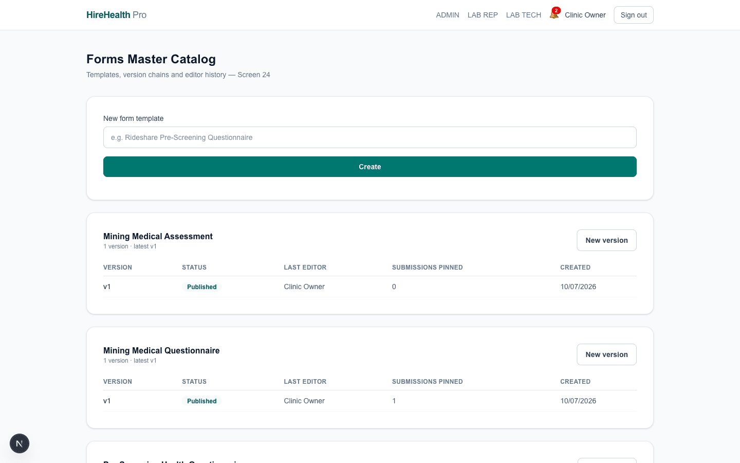 Forms master catalogue with version chains and publish status
