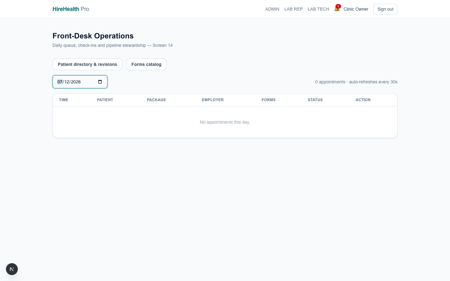 Front desk queue with check-in actions