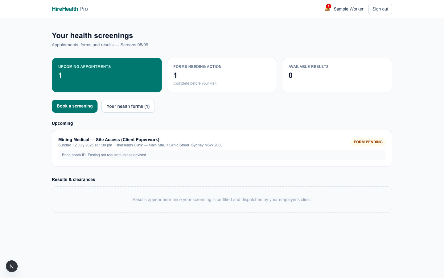 Patient dashboard with appointment, forms and privacy controls